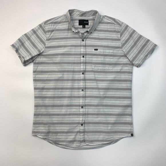 Hurley Shirt Mens L Large Grey Button Down Short Sleeve Striped Cotton Pocket - Picture 2 of 10